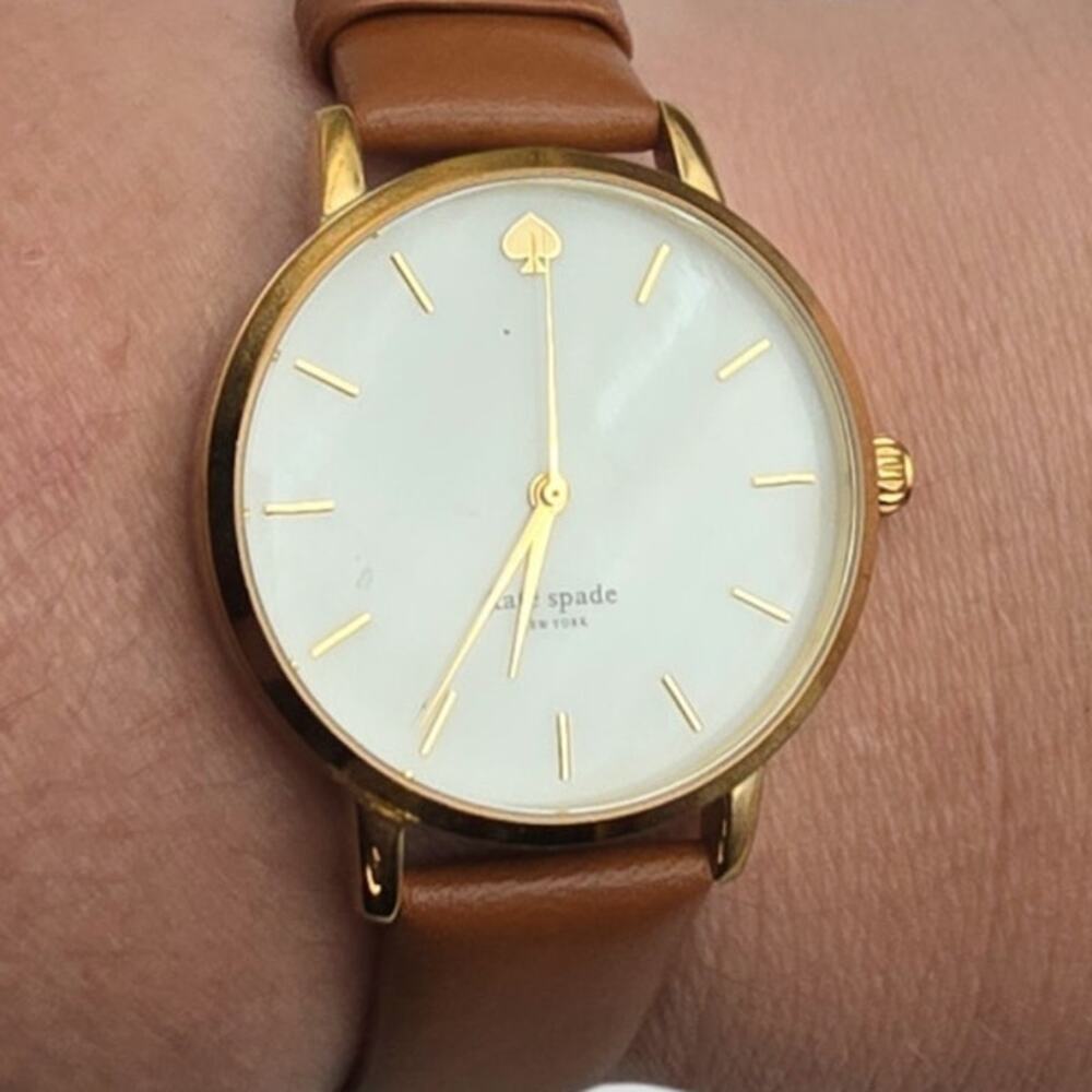 Kate Spade New York Gold-Tone Watch Brown Leather Strap Mother of Pearl Dial